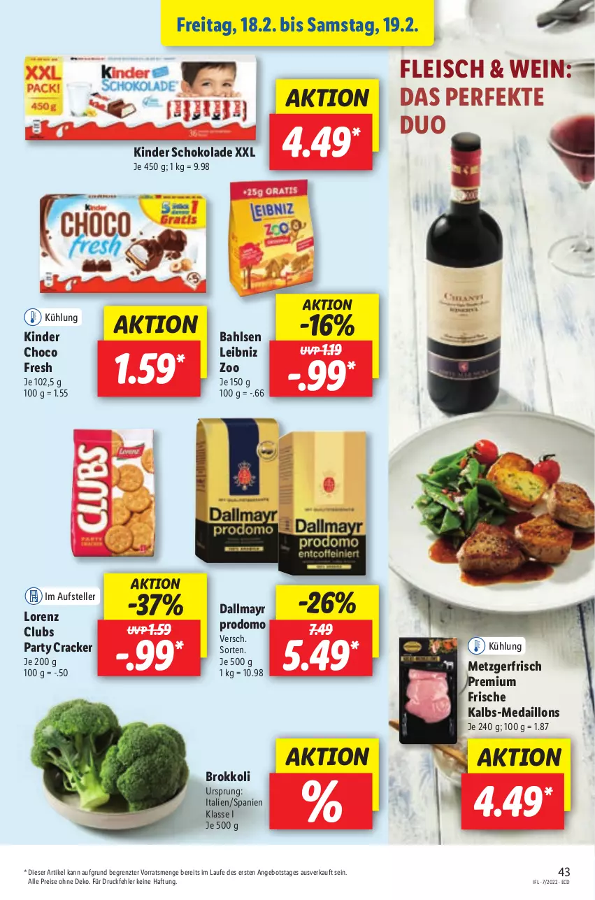 Aktueller Prospekt Lidl - Aktionsprospekt - von 14.02 bis 19.02.2022 - strona 43 - produkty: angebot, bahlsen, brokkoli, choco fresh, cracker, dallmayr, dallmayr prodomo, eis, elle, fleisch, Kinder, Kinder Choco fresh, kinder schokolade, leibniz, lorenz, medaillons, prodomo, reis, schoko, schokolade, teller, Ti, wein, ZTE