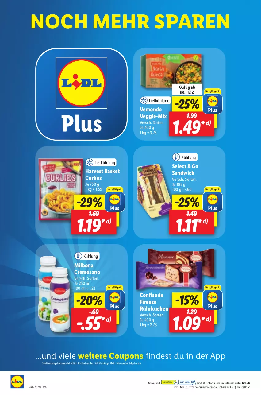 Aktueller Prospekt Lidl - Aktionsprospekt - von 14.02 bis 19.02.2022 - strona 44 - produkty: angebot, Bona, coupon, coupons, kuchen, Milbona, ndk, sandwich, Schal, Schale, Ti, veggie