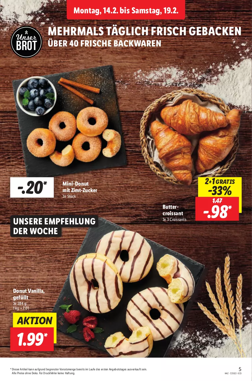 Aktueller Prospekt Lidl - Aktionsprospekt - von 14.02 bis 19.02.2022 - strona 5 - produkty: angebot, backwaren, brot, butter, Croissant, croissants, Donut, eis, frische backwaren, geback, reis, Ti, ZTE, zucker