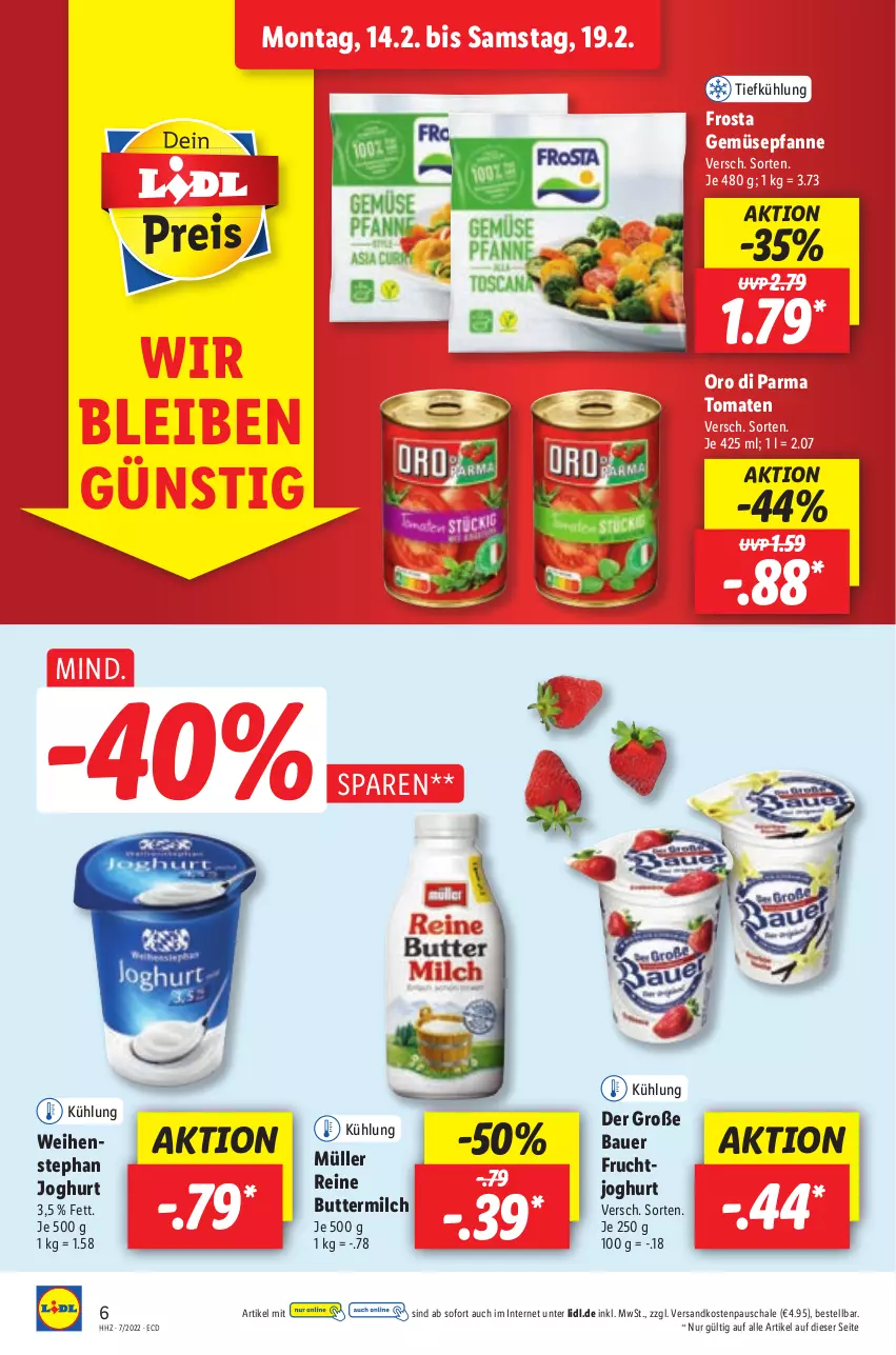 Aktueller Prospekt Lidl - Aktionsprospekt - von 14.02 bis 19.02.2022 - strona 6 - produkty: auer, Bau, Bauer, butter, buttermilch, frosta, frucht, joghur, joghurt, milch, Müller, ndk, oro di parma, pfanne, reine buttermilch, Schal, Schale, Ti, tomate, tomaten