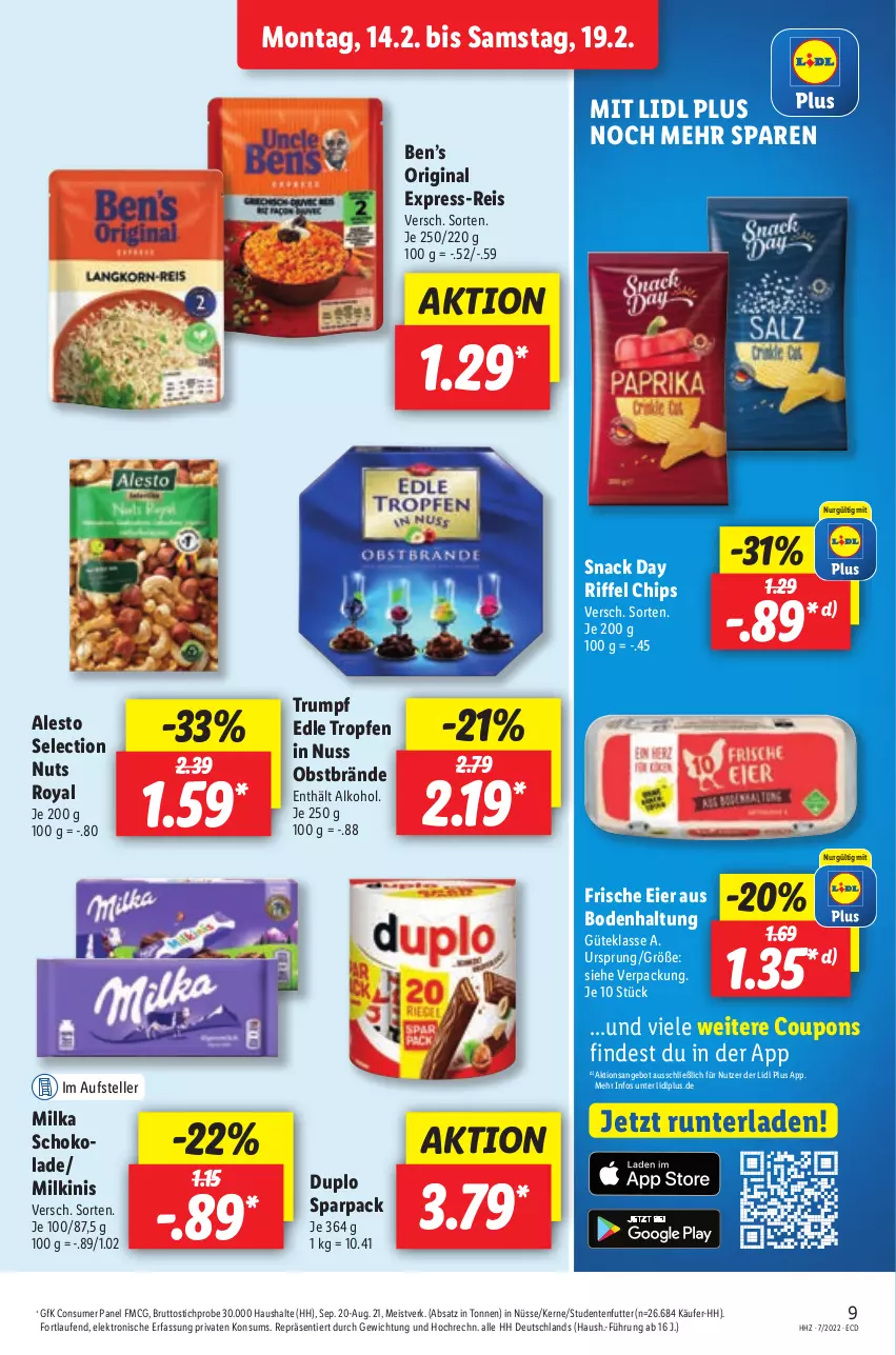 Aktueller Prospekt Lidl - Aktionsprospekt - von 14.02 bis 19.02.2022 - strona 9 - produkty: alesto, alkohol, angebot, Ben’s Original, brut, chips, coupon, coupons, duplo, eier, eis, Elektro, elle, ente, express-reis, gin, HP, Laufen, milka, milka schokolade, nuss, obst, reis, rum, schoko, schokolade, snack, studentenfutter, teller, Ti