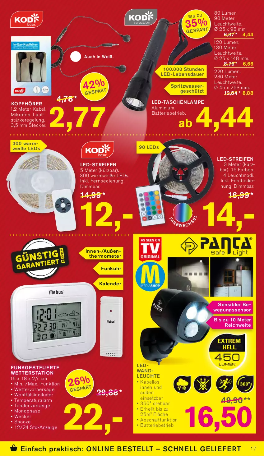 Aktueller Prospekt Kodi - Prospekte - von 11.11 bis 16.11.2023 - strona 17 - produkty: auer, batterie, Bewegungssensor, fernbedienung, kopfhörer, Lampe, leds, Leuchte, reifen, Schal, Tasche, taschen, taschenlampe, thermometer, Ti, tisch, uhr, wasser, weck, Wetterstation