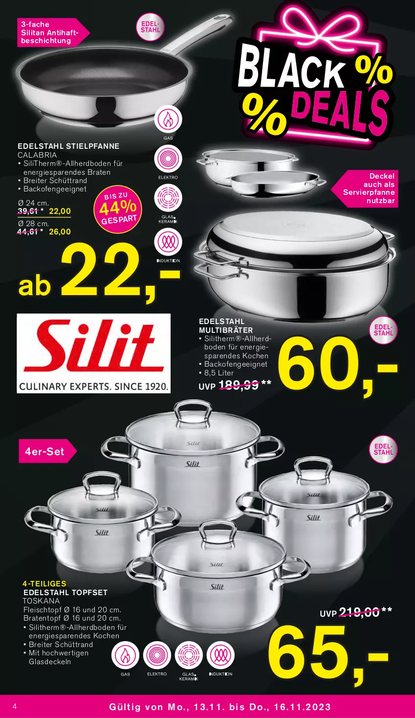 Aktueller Prospekt Kodi - Prospekte - von 11.11 bis 16.11.2023 - strona 4 - produkty: backofen, braten, Bratentopf, Brei, decke, Deckel, edelstahl, eis, fleisch, Fleischtopf, Glasdeckel, Multibräter, Ofen, pfanne, Ria, Stielpfanne, Ti, topf, Topfset