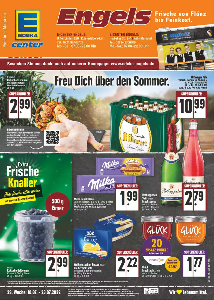 Aktueller Prospekt E Center - Angebote der Woche - von 18.07 bis 23.07.2022 - strona 1 - produkty: angebot, aprikose, aprikosen, aufstrich, beere, beeren, butter, deka, deutschlandcard, ecco, eimer, eis, elle, Engel, ente, erde, frucht, fruchtaufstrich, fruchtsecco, hähnchenschenkel, heidelbeere, heidelbeeren, henkel, Kürbis, lebensmittel, leine, LG, magazin, marinade, mars, milka, Ofen, Omep, pils, reis, reiss, rotkäppchen, salz, schenkel, sekt, sirup, Streichzart, tee, teller, Ti, weihenstephan, Yo