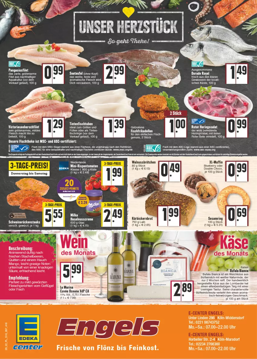 Aktueller Prospekt E Center - Angebote der Woche - von 18.07 bis 23.07.2022 - strona 16 - produkty: aqua, beere, beeren, blueberry, braten, brot, brötchen, creme, dell, Dorade, dorade royal, eis, elle, filet, fisch, fische, Fischer, fischtheke, flasche, fleisch, frikadellen, Geflügel, gewürz, grill, haselnuss, Haselnusscreme, hering, Herings, ideal zum grillen, Käse, Kürbis, mac, mango, mars, milch, milka, mini-rispentomaten, Muffin, natur, nuss, Pangasius, Ria, rind, ring, rispentomaten, salat, Schere, sesam, Sesamring, Stachelbeeren, Ti, tisch, tomate, tomaten, uhr, walnuss, weichkäse, wein, ZTE