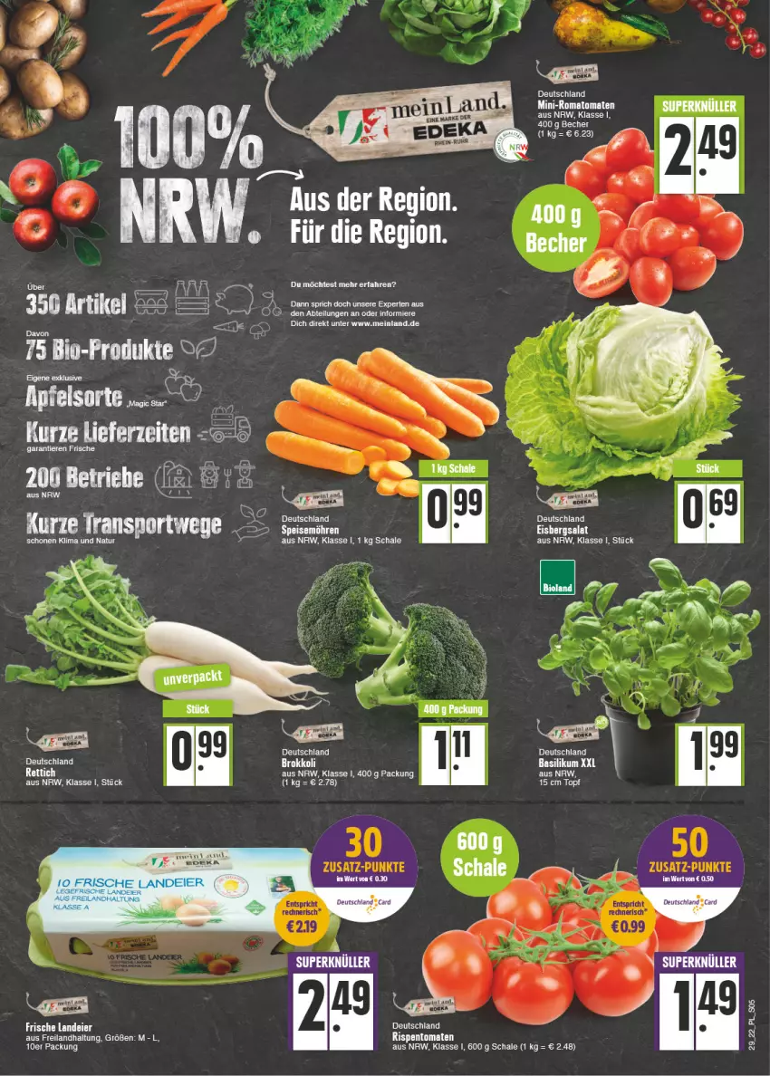 Aktueller Prospekt E Center - Angebote der Woche - von 18.07 bis 23.07.2022 - strona 5 - produkty: apfel, basilikum, Becher, bio, bioland, brokkoli, deutschland card, eier, eis, eisbergsalat, natur, Rettich, rispentomaten, Romatomaten, salat, Schal, Schale, tee, Ti, Tiere, tomate, tomaten, topf