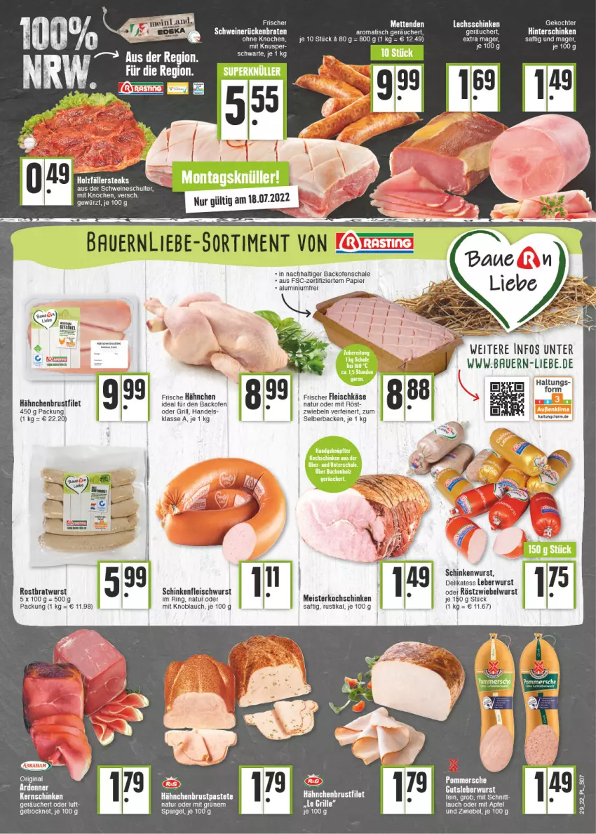 Aktueller Prospekt E Center - Angebote der Woche - von 18.07 bis 23.07.2022 - strona 7 - produkty: auer, backofen, Bau, Bauer, braten, brustfilet, eis, elle, filet, fleisch, fleischkäse, fleischwurst, Frische Hähnchen, gewürz, gin, grill, gutsleberwurst, hähnchenbrust, hähnchenbrustfilet, hinterschinken, Holz, holzfällersteaks, Käse, kernschinken, knoblauch, kochschinken, lachs, lachsschinken, leberwurst, Meister, mit knoblauch, natur, Ofen, papier, pastete, Pommersche, ring, Rückenbraten, saft, Schal, Schale, schinken, schinkenfleischwurst, schinkenwurst, schwein, schweine, schweinerücken, spargel, steak, steaks, Ti, tisch, wein, weine, wurst, zwiebel, zwiebeln