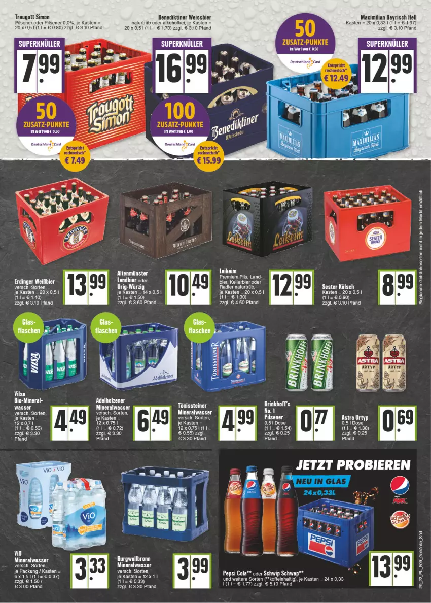 Aktueller Prospekt E Center - Angebote der Woche - von 18.07 bis 23.07.2022 - strona 9 - produkty: adelholzener, alkohol, Alwa, Astra, Benediktiner, bier, bio, burgwallbronn, cola, eis, flasche, Holz, mineralwasser, natur, pepsi, Pepsi Cola, pils, pilsener, radler, Schwip Schwap, sim, tee, Ti, urtyp, wasser, weissbier