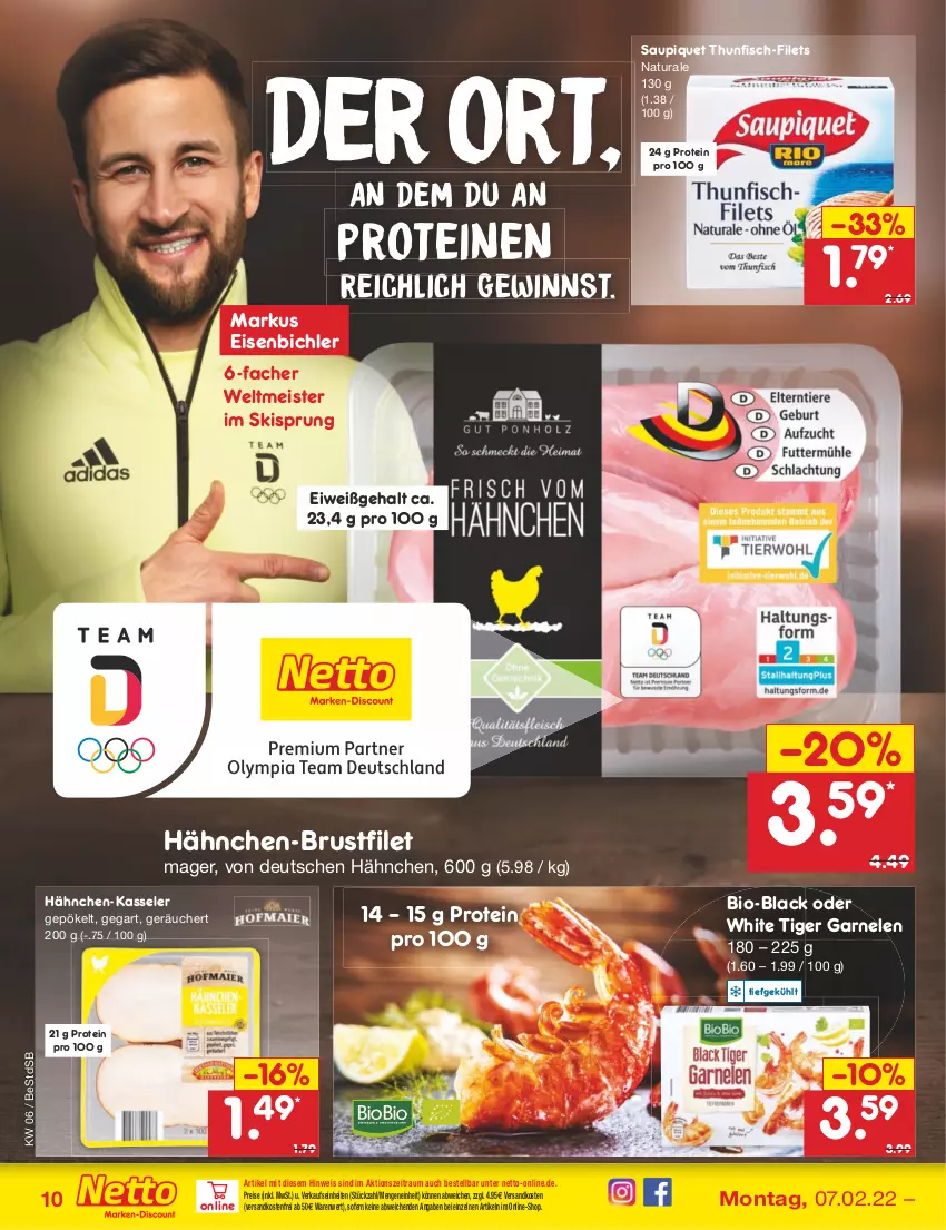 Aktueller Prospekt Netto Marken-Discount - Filial-Angebote - von 07.02 bis 12.02.2022 - strona 10 - produkty: bio, brustfilet, eis, filet, filets, fisch, garnelen, hähnchen-brustfilet, kasseler, lack, Meister, natur, natura, ndk, reis, saupiquet, thunfisch, Ti, versandkostenfrei