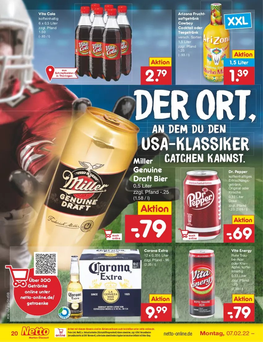 Aktueller Prospekt Netto Marken-Discount - Filial-Angebote - von 07.02 bis 12.02.2022 - strona 20 - produkty: apfel, bier, cocktail, cola, corona, corona extra, eis, erfrischungsgetränk, frucht, fruchtsaft, fruchtsaftgetränk, getränk, getränke, gin, kirsch, kirsche, kiwi, ndk, reis, ring, saft, tee, Ti, versandkostenfrei, vita, Vita C, Vita Energy