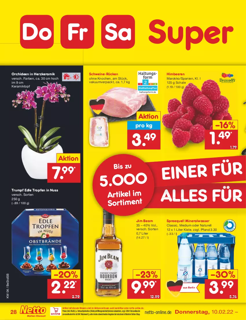 Aktueller Prospekt Netto Marken-Discount - Filial-Angebote - von 07.02 bis 12.02.2022 - strona 28 - produkty: Alwa, beere, beeren, eis, himbeer, himbeere, himbeeren, jim beam, mineralwasser, natur, ndk, nuss, orchidee, orchideen, reis, rel, rum, Schal, Schale, schwein, schweine, Spreequell, Ti, topf, versandkostenfrei, wasser, wein, weine