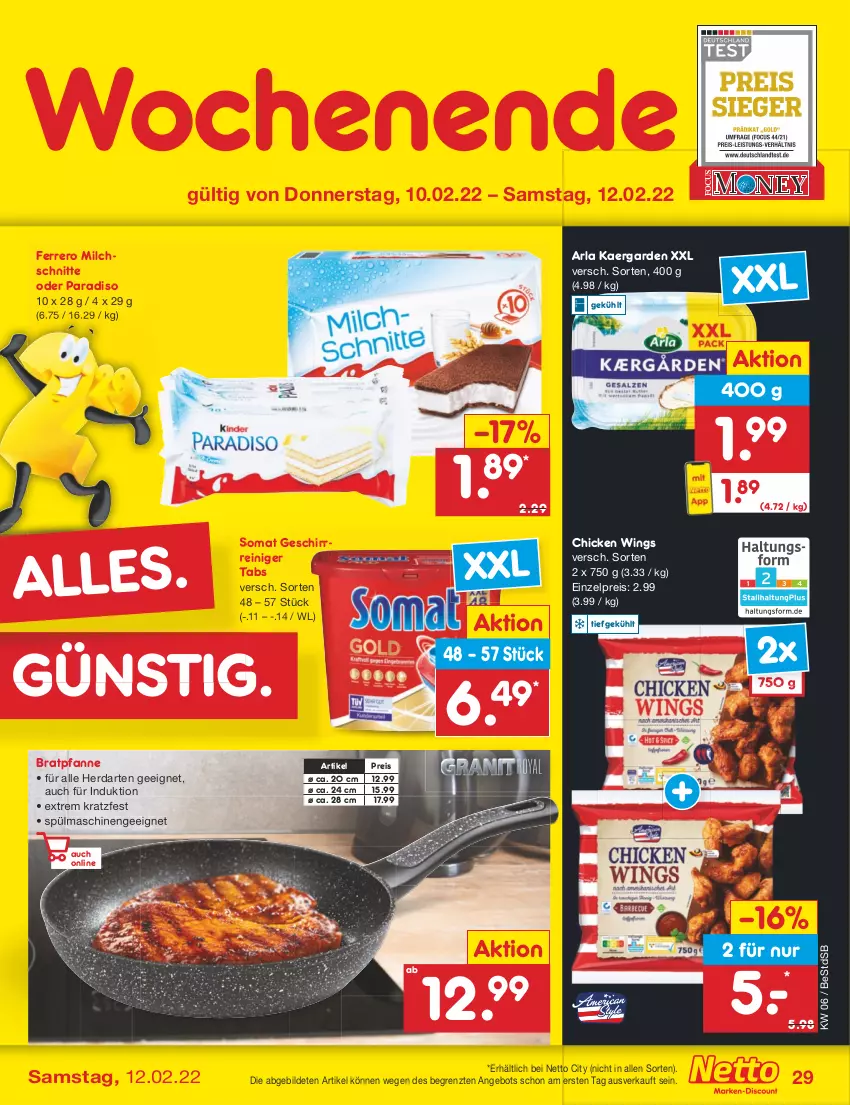 Aktueller Prospekt Netto Marken-Discount - Filial-Angebote - von 07.02 bis 12.02.2022 - strona 29 - produkty: angebot, arla, bratpfanne, chicken wings, eis, ferrero, geschirr, herdarten, milch, Milchschnitte, pfanne, reiniger, reis, somat, spülmaschinen, Ti, ZTE