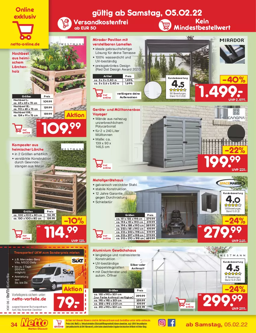 Aktueller Prospekt Netto Marken-Discount - Filial-Angebote - von 07.02 bis 12.02.2022 - strona 34 - produkty: auto, Bona, buch, eis, elle, ente, fenster, Gewächshaus, Holz, Komposter, latte, LG, ndk, pavillon, pril, Rauch, reis, Sport, Ti, versandkostenfrei, vorteilspreis, wasser