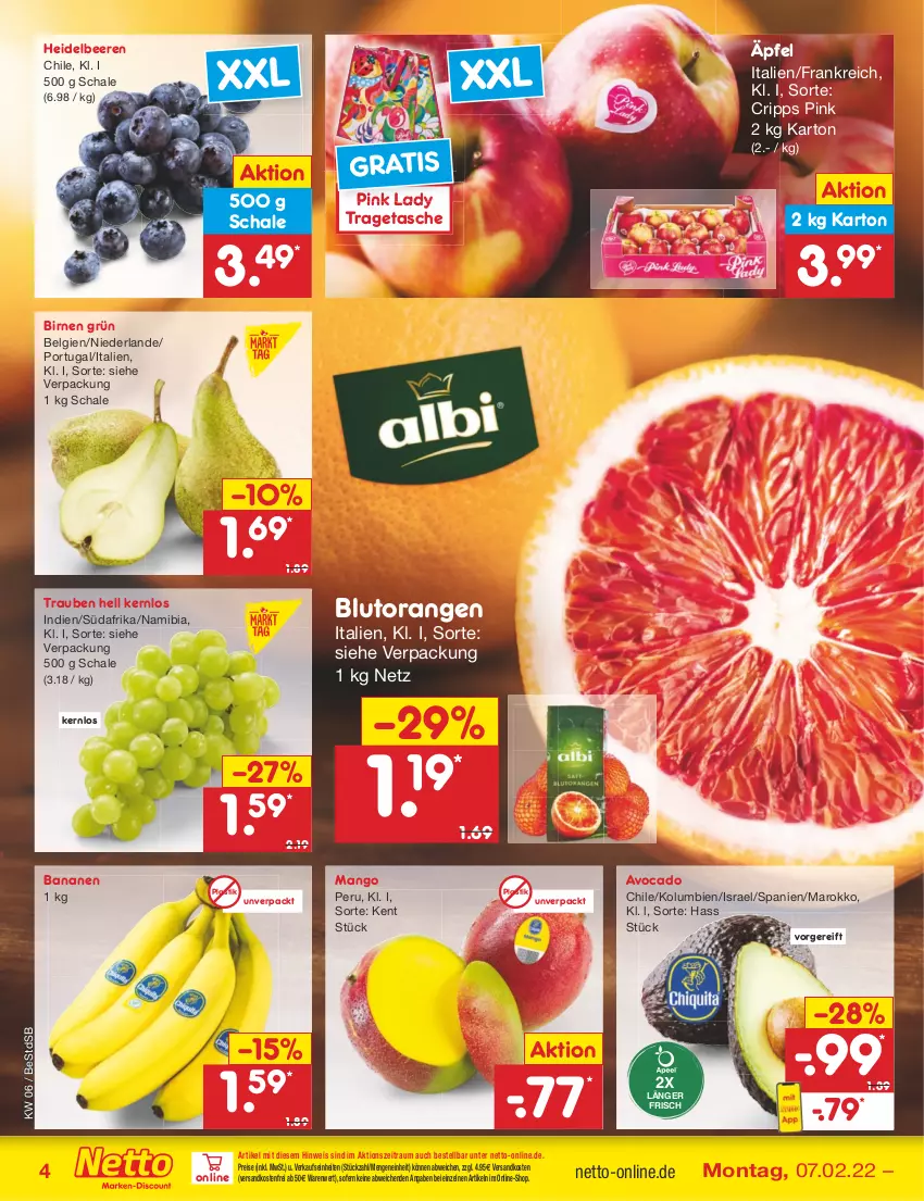 Aktueller Prospekt Netto Marken-Discount - Filial-Angebote - von 07.02 bis 12.02.2022 - strona 4 - produkty: asti, avocado, banane, bananen, beere, beeren, Birnen, Blutorange, eis, heidelbeere, heidelbeeren, LG, mango, ndk, orange, orangen, Pink Lady, reis, Schal, Schale, Tasche, Ti, tragetasche, trauben, versandkostenfrei