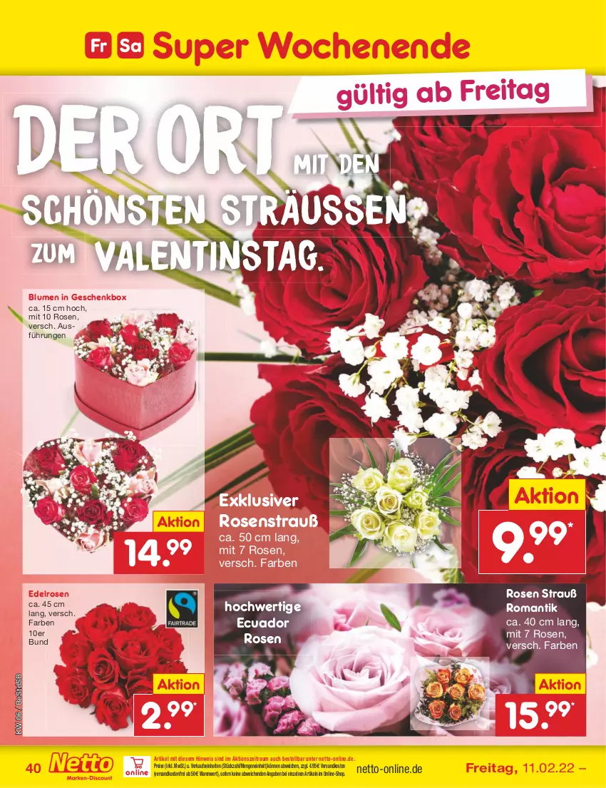 Aktueller Prospekt Netto Marken-Discount - Filial-Angebote - von 07.02 bis 12.02.2022 - strona 40 - produkty: blume, blumen, eis, Geschenkbox, ndk, reis, rosen, Rosenstrauß, Ti, versandkostenfrei