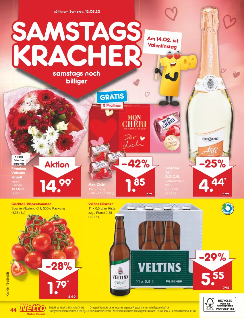 Aktueller Prospekt Netto Marken-Discount - Filial-Angebote - von 07.02 bis 12.02.2022 - strona 44 - produkty: angebot, angebote, asti, cin, cinzano, Cinzano Asti, cocktail, discount, Holz, kracher, marken-discount, Mon Chéri, pils, pilsener, pralinen, rispentomaten, Ti, tomate, tomaten, uhr, veltins, veltins pilsener, wein, ZTE