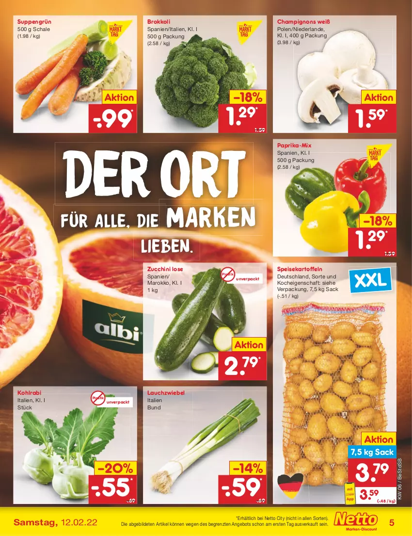 Aktueller Prospekt Netto Marken-Discount - Filial-Angebote - von 07.02 bis 12.02.2022 - strona 5 - produkty: angebot, asti, brokkoli, champignon, champignons, eis, kartoffel, kartoffeln, kohlrabi, Lauchzwiebel, paprika, sac, Schal, Schale, speisekartoffeln, suppe, suppen, Ti, ZTE, zucchini, zwiebel