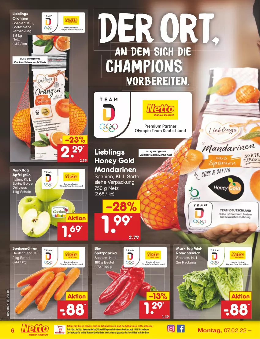 Aktueller Prospekt Netto Marken-Discount - Filial-Angebote - von 07.02 bis 12.02.2022 - strona 6 - produkty: apfel, beutel, bio, champion, eis, mandarine, mandarinen, möhren, ndk, orange, orangen, paprika, reis, Romanasalat, salat, Schal, Schale, speisemöhren, Spitzpaprika, Ti, versandkostenfrei, zucker