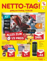 Gazetka promocyjna Netto Marken-Discount - Filial-Angebote - Gazetka - ważna od 12.02 do 12.02.2022 - strona 43 - produkty: alexa, angebot, deo, drink, eis, energy drink, entrecôte, HDMI, hisense, jungbullen, Käse, LG, Mode, monster, Monster Energy, netflix, pizza, reis, Ti, usb, würstchen, ZTE