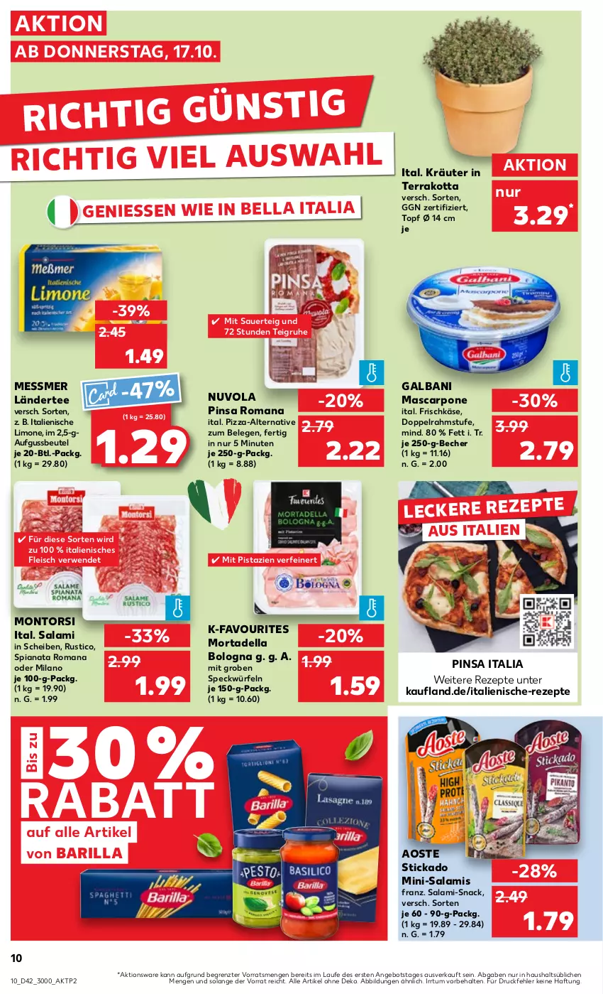 Aktueller Prospekt Kaufland - Prospekt - von 17.10 bis 23.10.2024 - strona 10 - produkty: angebot, aoste stickado, auer, barilla, Becher, beutel, dell, doppelrahmstufe, eis, fleisch, frischkäse, galbani, Käse, kräuter, Ländertee, limo, mascarpone, Mini-Salami, mit pistazien, montorsi, mortadella, pistazien, pizza, rezept, rezepte, rwe, salami, snack, Speck, stickado, tee, Ti, topf, würfel, ZTE