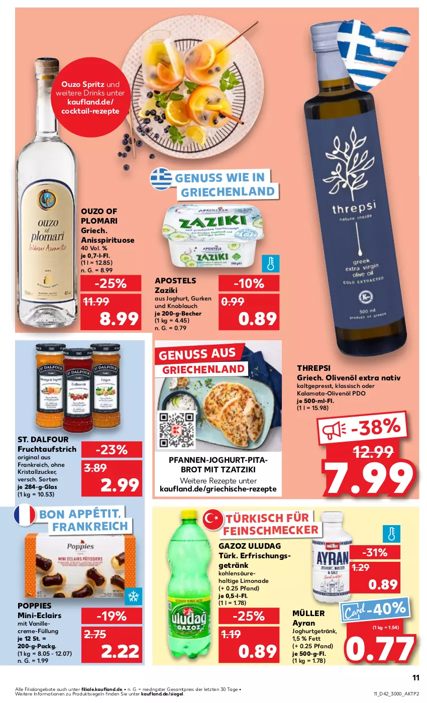 Aktueller Prospekt Kaufland - Prospekt - von 17.10 bis 23.10.2024 - strona 11 - produkty: angebot, angebote, apostels, aufstrich, Ayran, Becher, brot, cocktail, creme, drink, drinks, eis, erfrischungsgetränk, feinschmecker, frucht, fruchtaufstrich, getränk, gin, gurke, gurken, joghur, joghurt, knoblauch, limo, limonade, Müller, nuss, olive, oliven, olivenöl, olivenöl extra, ouzo, pfanne, pfannen, Popp, reis, rezept, rezepte, Ti, tzatziki, vanille, zaziki, ZTE, zucker