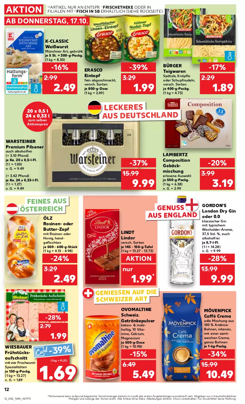 Aktueller Prospekt Kaufland - Prospekt - von 17.10 bis 23.10.2024 - strona 12 - produkty: aktionspreis, alkohol, Amber, angebot, auer, aufschnitt, Bau, Bauer, bohne, bohnen, butter, caffè crema, Calcium, dry gin, eintopf, eis, erasco, fisch, gebäckmischung, getränk, getränke, getränkepulver, gin, gordon, gordon's, honig, kakao, lambertz, lindor, lindt, london dry, london dry gin, magnesium, malz, mövenpick, nudel, nudeln, nuss, ovomaltine, pils, pilsener, premium pils, reis, Spezi, steiner, teigwaren, Ti, topf, vita, Vitamine, warsteiner, Weißwurst, wiesbauer, wurst, ZTE