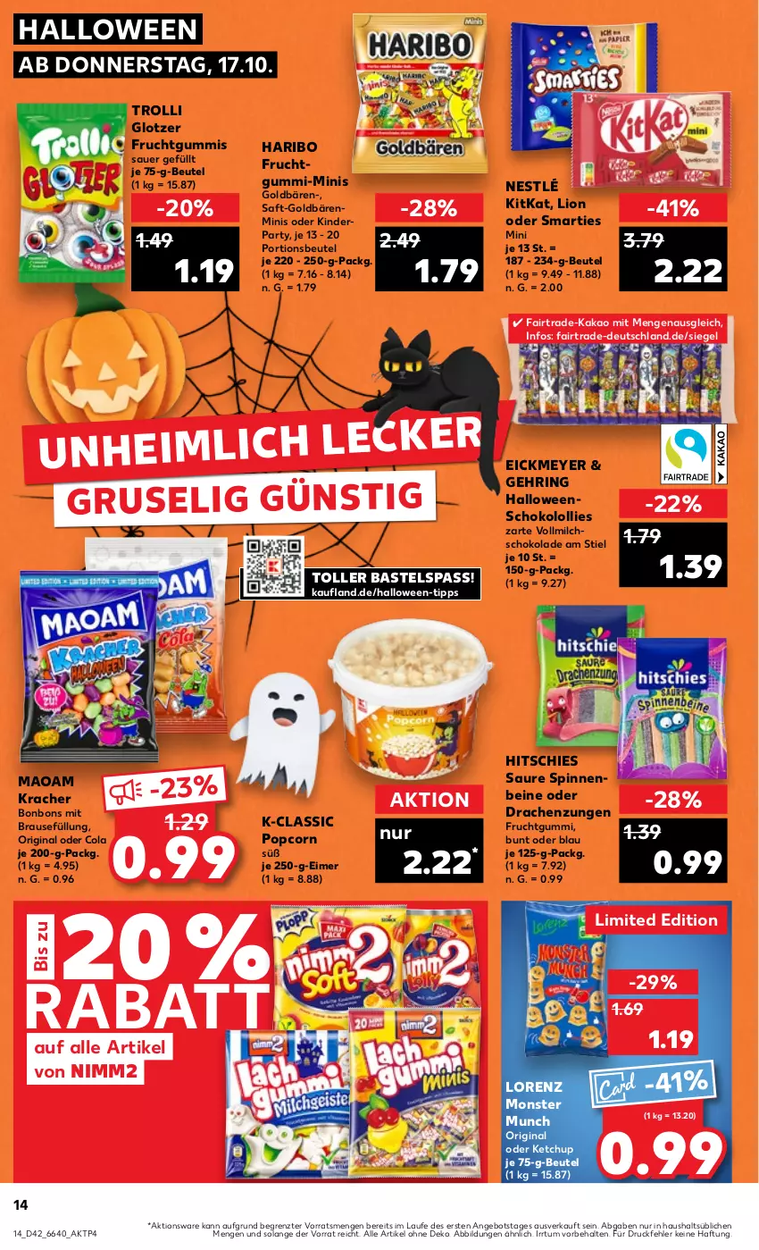 Aktueller Prospekt Kaufland - Prospekt - von 17.10 bis 23.10.2024 - strona 14 - produkty: angebot, auer, beutel, bonbons, brause, cola, eimer, frucht, fruchtgummi, fruchtgummis, gin, goldbären, haribo, kakao, ketchup, Kinder, kitkat, kracher, lion, lorenz, maoam, milch, monster, nestlé, nimm2, popcorn, portionsbeutel, ring, saft, schoko, schokolade, smarties, Ti, trolli, vollmilch, ZTE