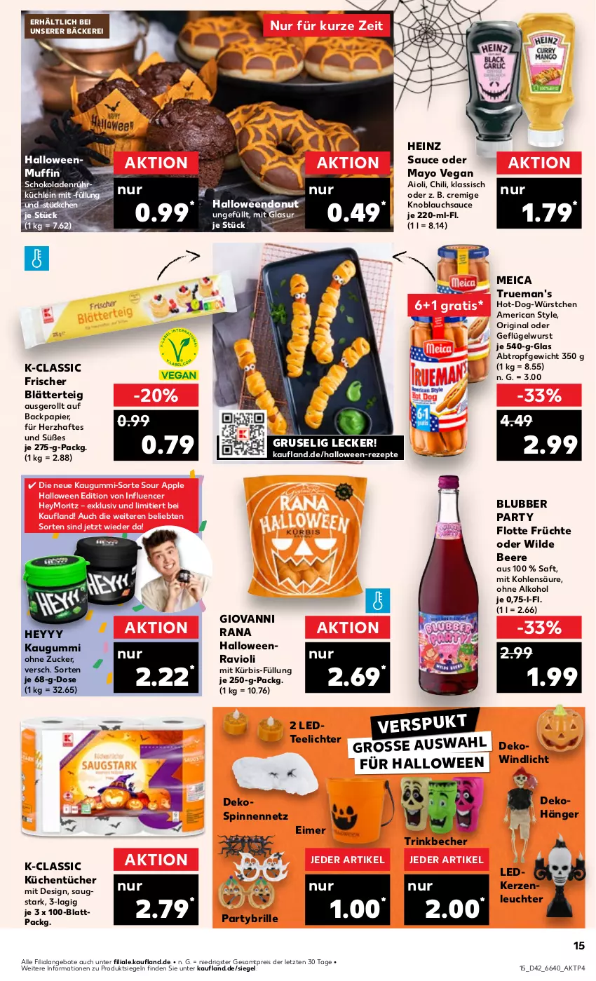 Aktueller Prospekt Kaufland - Prospekt - von 17.10 bis 23.10.2024 - strona 15 - produkty: aioli, alkohol, angebot, angebote, Apple, Becher, beere, blätterteig, Brille, chili, Dekohänger, Donut, eimer, eis, früchte, Geflügel, gin, giovanni rana, heinz, kaugummi, kerze, Kerzenleuchter, knoblauch, küche, Küchen, küchentücher, Kürbis, Leuchte, meica, Muffin, ohne alkohol, papier, Rana, ravioli, reis, rezept, rezepte, saft, sauce, schoko, schokolade, schokoladen, tee, Teelicht, teelichte, Ti, trinkbecher, tücher, Wild, windlicht, wurst, würstchen, Yo, ZTE, zucker