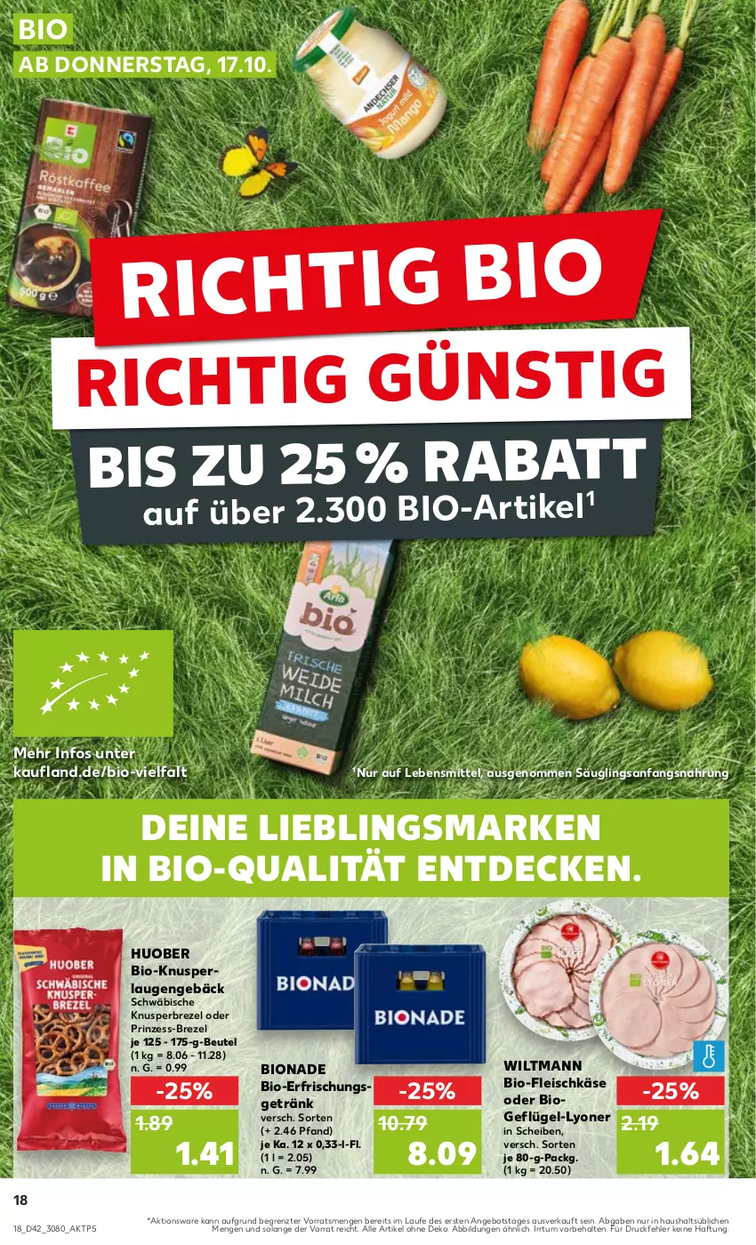 Aktueller Prospekt Kaufland - Prospekt - von 17.10 bis 23.10.2024 - strona 18 - produkty: angebot, beutel, bio, bionade, brezel, decke, eis, erfrischungsgetränk, fleisch, fleischkäse, Geflügel, getränk, huober, Käse, lebensmittel, lyoner, perla, Ti, wiltmann, Yo, ZTE