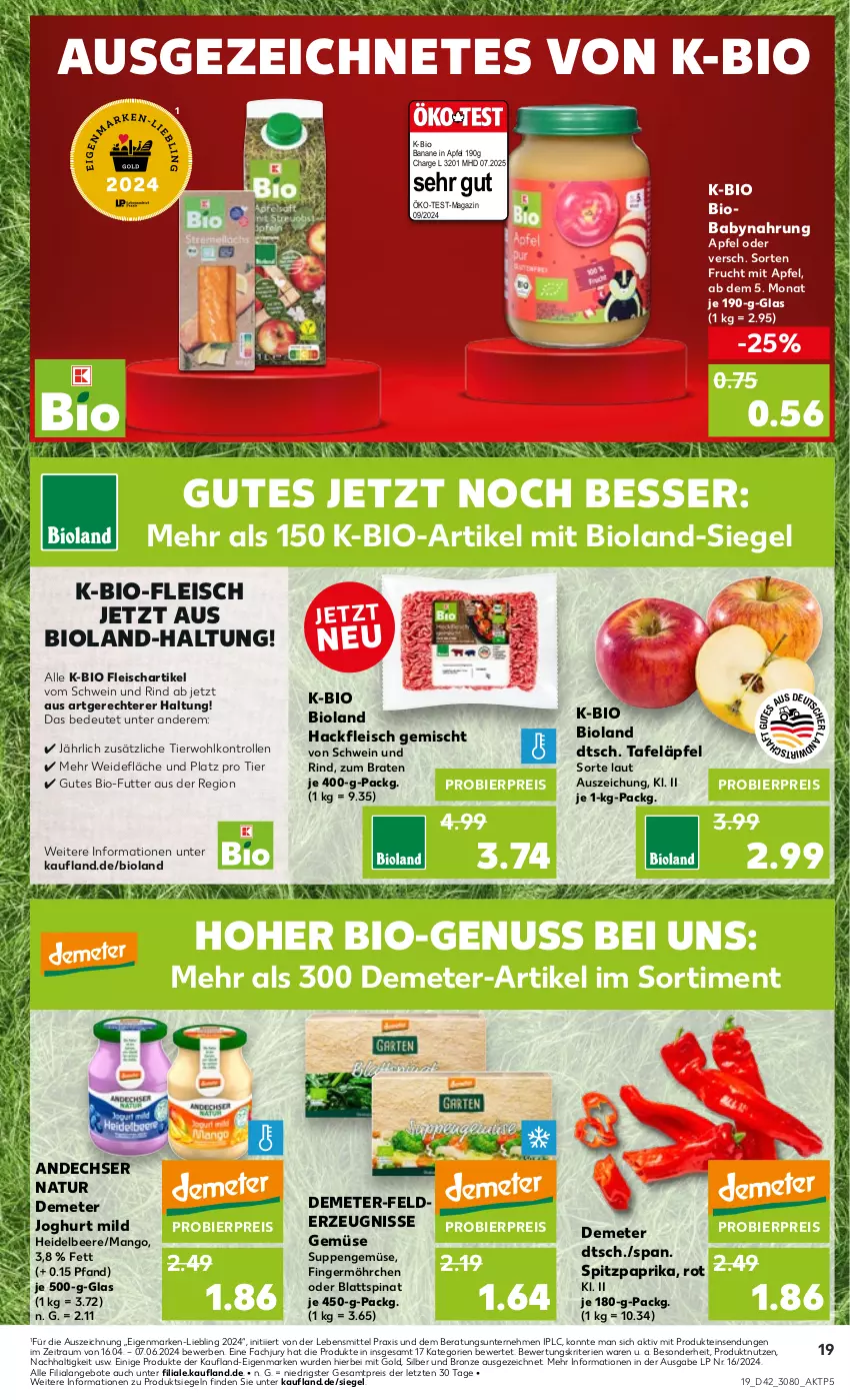 Aktueller Prospekt Kaufland - Prospekt - von 17.10 bis 23.10.2024 - strona 19 - produkty: andechser natur, angebot, angebote, apfel, Babynahrung, banane, beere, bier, bio, bioland, blattspinat, braten, eis, fleisch, frucht, Germ, hackfleisch, hackfleisch gemischt, heidelbeere, joghur, joghurt, joghurt mild, lebensmittel, magazin, mango, natur, nuss, paprika, reis, rind, schwein, schwein und rind, spinat, Spitzpaprika, suppe, suppen, tafeläpfel, Ti, vom schwein und rind, wein, ZTE