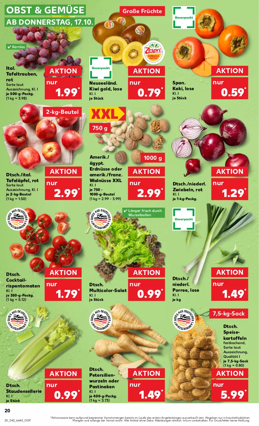 Aktueller Prospekt Kaufland - Prospekt - von 17.10 bis 23.10.2024 - strona 20 - produkty: angebot, asti, ball, beutel, cocktail, eis, elle, erdnüsse, früchte, Kaki, kartoffel, kartoffeln, kiwi, Kiwi Gold, obst, petersilie, rispentomaten, sac, salat, stauden, tafeläpfel, tafeltrauben, Ti, tomate, tomaten, trauben, ZTE, zwiebel, zwiebeln