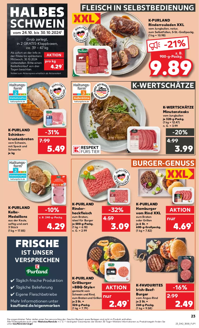 Aktueller Prospekt Kaufland - Prospekt - von 17.10 bis 23.10.2024 - strona 23 - produkty: aktionspreis, angebot, angebote, beef, besteck, braten, burger, eis, elle, fleisch, fleisch in selbstbedienung, geschirr, grill, hackfleisch, hamburger, ilag, jungbullen, Kalbsmedaillons, Klappbox, krustenbraten, medaillons, minutensteaks, natur, nuss, purland, reis, rind, rinder, rinderhackfleisch, Rinderroulade, rinderrouladen, rouladen, saft, schinken, schwein, schwein und rind, Speck, steak, steaks, teller, Ti, vom schwein und rind, wein, ZTE