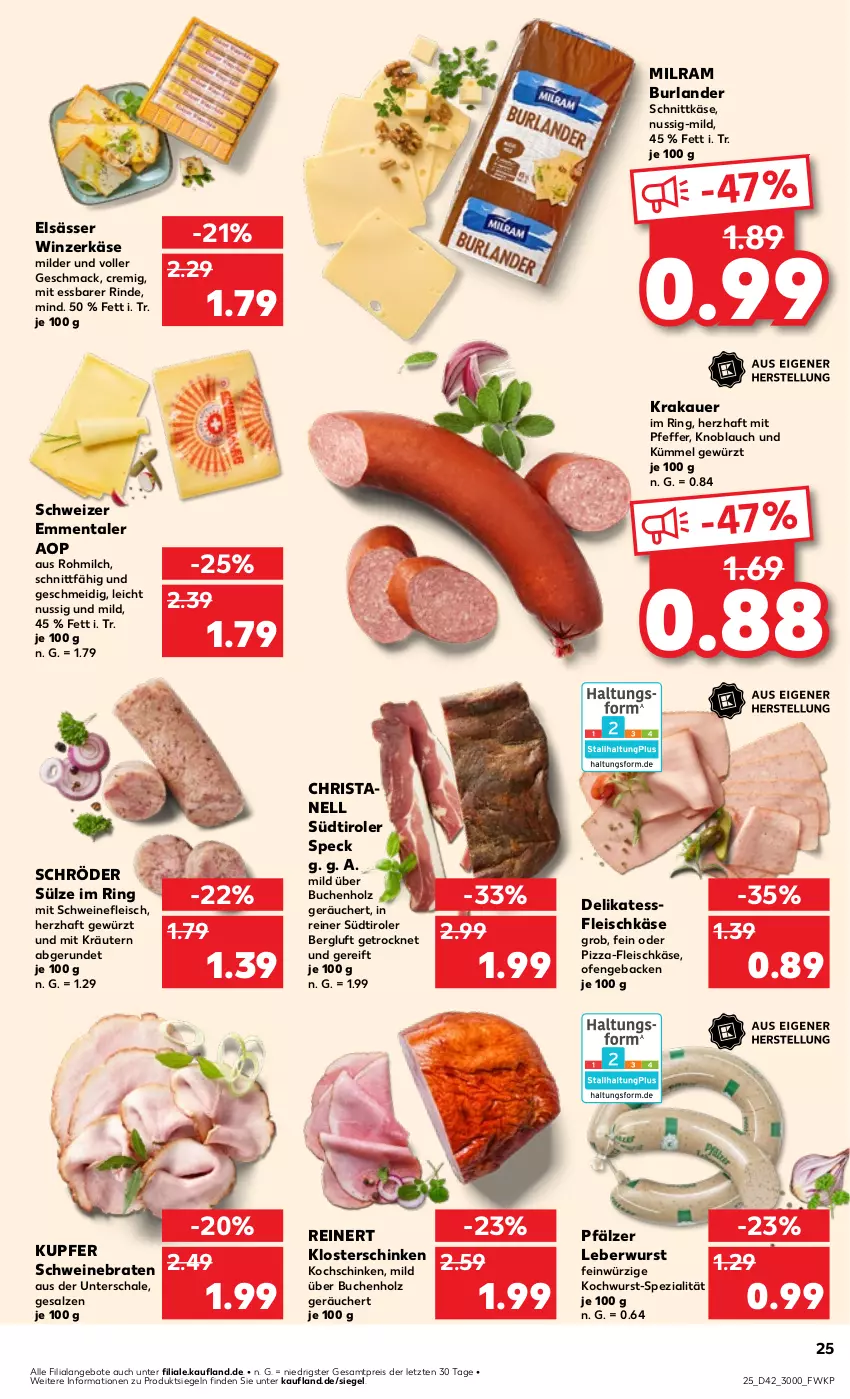 Aktueller Prospekt Kaufland - Prospekt - von 17.10 bis 23.10.2024 - strona 25 - produkty: angebot, angebote, auer, braten, buch, burlander, eis, emmentaler, fleisch, fleischkäse, geback, gewürz, Holz, Käse, knoblauch, kochschinken, krakauer, kräuter, kräutern, leberwurst, mac, milch, milram, nuss, Ofen, pfeffer, pizza, reinert, reis, rind, ring, salz, Schal, Schale, schinken, schnittkäse, schwein, schweine, schweinebraten, schweinefleisch, Speck, Spezi, südtiroler, Ti, wein, weine, wurst, ZTE