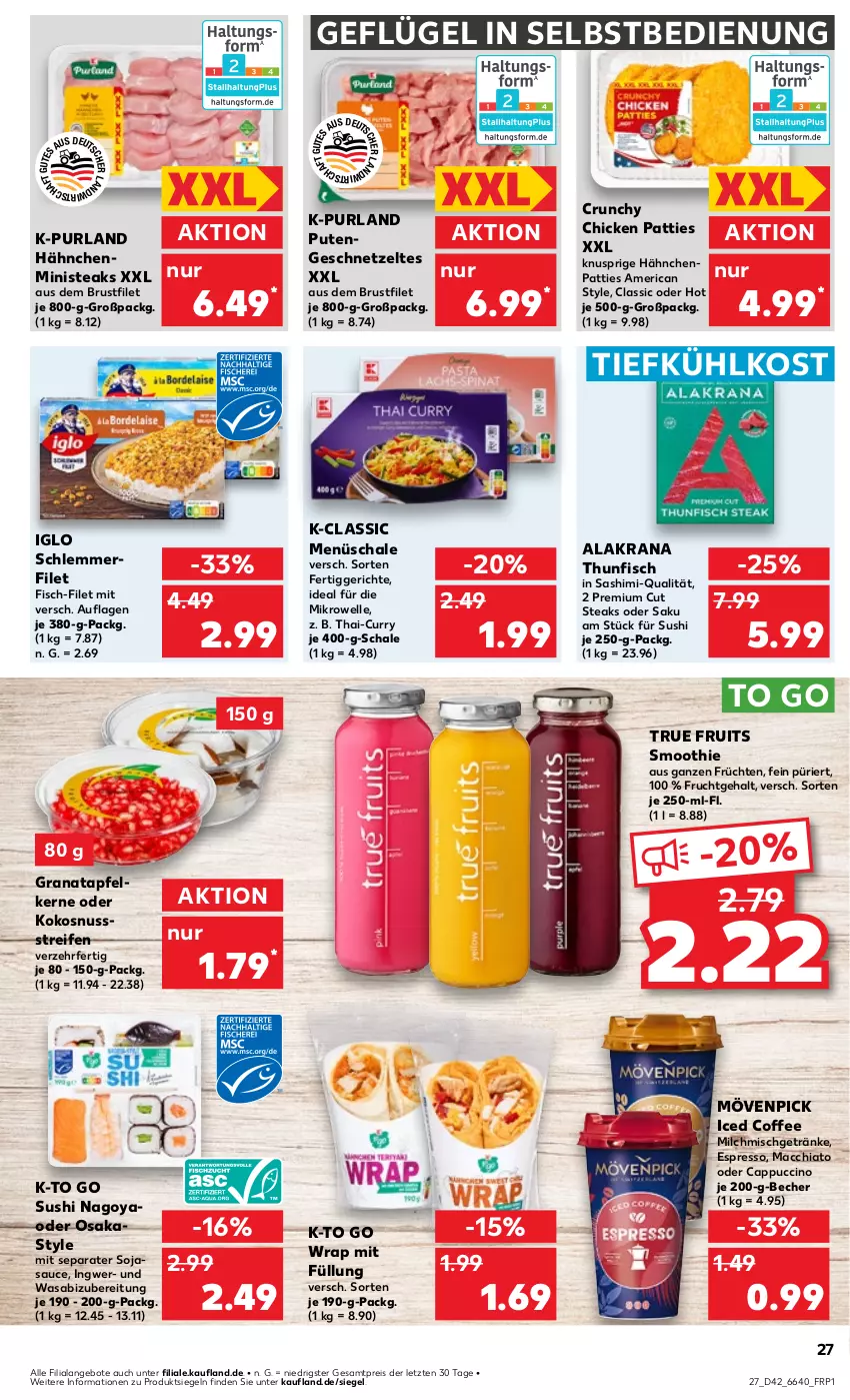 Aktueller Prospekt Kaufland - Prospekt - von 17.10 bis 23.10.2024 - strona 27 - produkty: ACC, angebot, angebote, apfel, Becher, brustfilet, Cap, cappuccino, chia, cin, curry, eis, elle, espresso, fertiggericht, fertiggerichte, filet, fisch, frucht, früchte, früchten, Geflügel, geschnetzeltes, getränk, getränke, grana, granatapfel, granatapfelkerne, iglo, ingwer, kokos, kokosnuss, mac, macchiato, mikrowelle, milch, milchmischgetränke, mövenpick, nuss, oder cappuccino, purland, pute, Putengeschnetzeltes, Rana, reifen, reis, sauce, Schal, Schale, schlemmerfilet, smoothie, soja, sojasauce, steak, steaks, Sushi, thunfisch, Ti, tiefkühlkost, true fruits, wasa, wrap, Zelt, ZTE