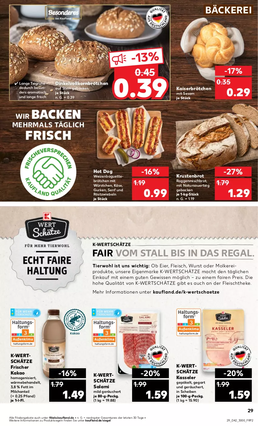 Aktueller Prospekt Kaufland - Prospekt - von 17.10 bis 23.10.2024 - strona 29 - produkty: angebot, angebote, auer, baguette, brot, brötchen, eier, eis, fleisch, geback, gurke, gurken, hot dog, Kaiser, kakao, Käse, kasseler, korn, Krustenbrot, mac, milch, mit würstchen, molkereiprodukte, natur, regal, reis, röstzwiebeln, salami, senf, sesam, Ti, tisch, wurst, würstchen, ZTE, zwiebel, zwiebeln