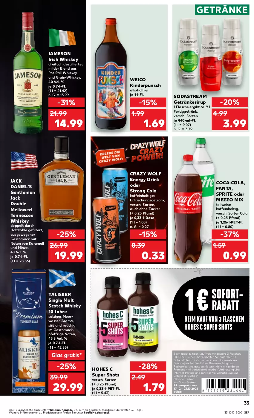 Aktueller Prospekt Kaufland - Prospekt - von 17.10 bis 23.10.2024 - strona 33 - produkty: aktionspreis, alkohol, angebot, angebote, Brei, coca-cola, cola, coupon, drink, eis, energy drink, erfrischungsgetränk, fanta, flasche, getränk, getränke, getränkesirup, Hohes C, Holz, holzkohle, irish whiskey, jack daniel, jack daniel's, jameson, karamell, Kinder, mac, Meerwasser, Mezzo Mix, minze, Rauch, reis, salz, scotch, scotch whisky, single malt, sirup, Soda, sodastream, sofort-rabatt, sprite, tennessee whiskey, Ti, wasser, whiskey, whisky, ZTE, zucker