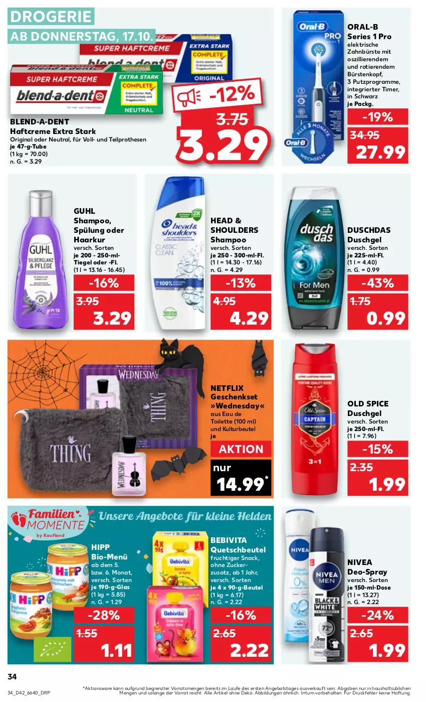 Aktueller Prospekt Kaufland - Prospekt - von 17.10 bis 23.10.2024 - strona 34 - produkty: angebot, bebivita, beutel, bio, bürste, bürsten, creme, deo, duschdas, duschgel, eau de toilette, elektrische zahnbürste, frucht, geschenkset, gin, Guhl, Haftcreme, hipp, netflix, nivea, Old Spice, oral-b, quetschbeutel, shampoo, snack, spülung, Ti, Tiere, timer, vita, zahnbürste, ZTE, zucker