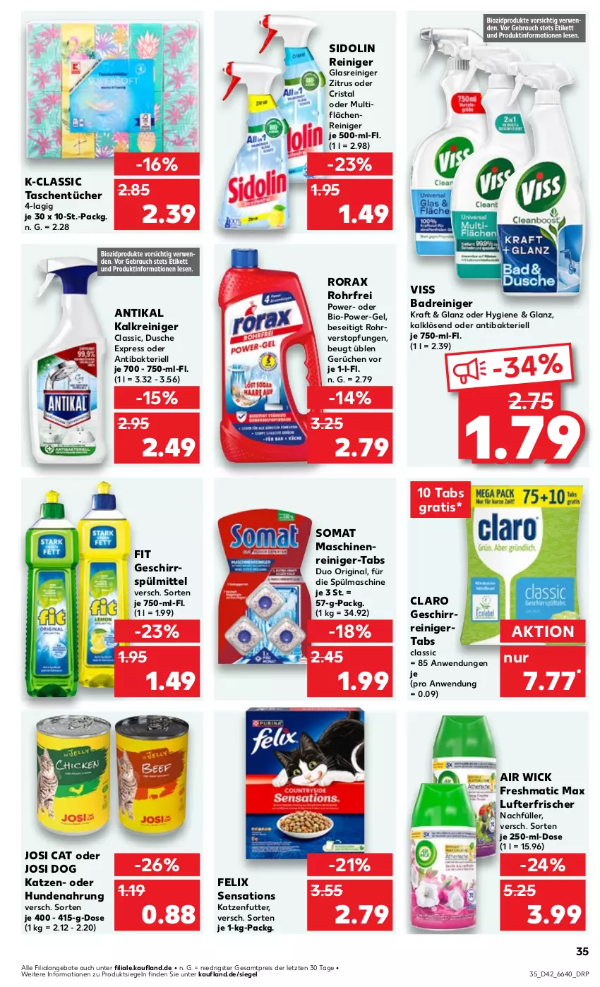 Aktueller Prospekt Kaufland - Prospekt - von 17.10 bis 23.10.2024 - strona 35 - produkty: Air Wick, angebot, angebote, Bad, bio, dusche, eis, felix, geschirr, geschirrspülmittel, gin, Glasreiniger, hundenahrung, Kalkreiniger, katzenfutter, kraft, lufterfrischer, maschinenreiniger, power-gel, reiniger, reis, rorax, sensations, sidolin, somat, spülmittel, Tasche, taschen, taschentücher, Ti, topf, tücher, WICK, ZTE