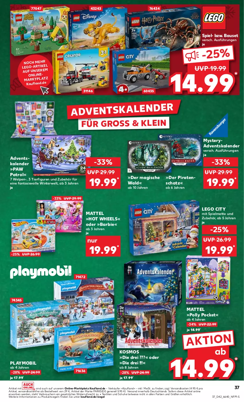 Aktueller Prospekt Kaufland - Prospekt - von 17.10 bis 23.10.2024 - strona 37 - produkty: Adventskalender, Barbie, Bau, eis, erde, fanta, Hot Wheels, LEGO City, Mattel, ndk, Parkside, Paw Patrol, playmobil, Rauch, rel, rwe, schuhe, Ti, versandkostenfrei