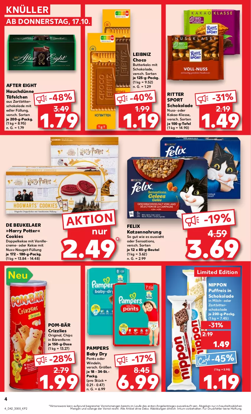 Aktueller Prospekt Kaufland - Prospekt - von 17.10 bis 23.10.2024 - strona 4 - produkty: after eight, angebot, beutel, butter, butterkeks, chips, cookie, cookies, creme, de beukelaer, Doppelkekse, eis, felix, gin, kakao, katzennahrung, keks, kekse, leibniz, milch, nippon, nuss, pampers, pampers baby dry, Pants, pom-bär, reis, ritter, ritter sport, schoko, schokolade, sensations, Sport, Ti, vanille, windeln, Zartbitterschokolade, ZTE