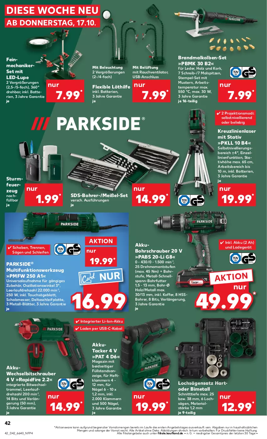 Aktueller Prospekt Kaufland - Prospekt - von 17.10 bis 23.10.2024 - strona 42 - produkty: akku, angebot, angebote, batterie, batterien, beleuchtung, Bohrschrauber, eis, Feuerzeug, Holz, Klammern, koffer, ladegerät, lamm, latte, li-ion-akku, Lochsägensatz, magazin, messer, Nike, Parkside, Rauch, reis, Ria, säge, Tauchsäge, Ti, trommel, usb, ventilator, werkzeug, ZTE