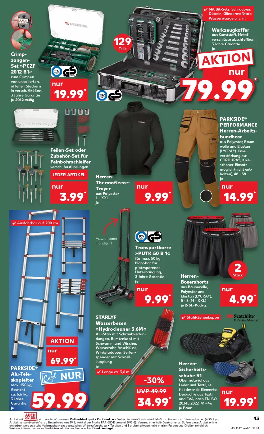 Aktueller Prospekt Kaufland - Prospekt - von 17.10 bis 23.10.2024 - strona 43 - produkty: adapter, Bau, baumwolle, bürste, bürsten, decksohle, eis, ente, erde, hose, koffer, ndk, Parkside, Rauch, rel, Ria, ring, schrauben, schuhe, schwamm, Seife, seifenspender, shorts, Sport, Teleskop, Ti, Tiere, transportkarre, versandkostenfrei, Waage, wasser, werkzeug, wolle, Zangen