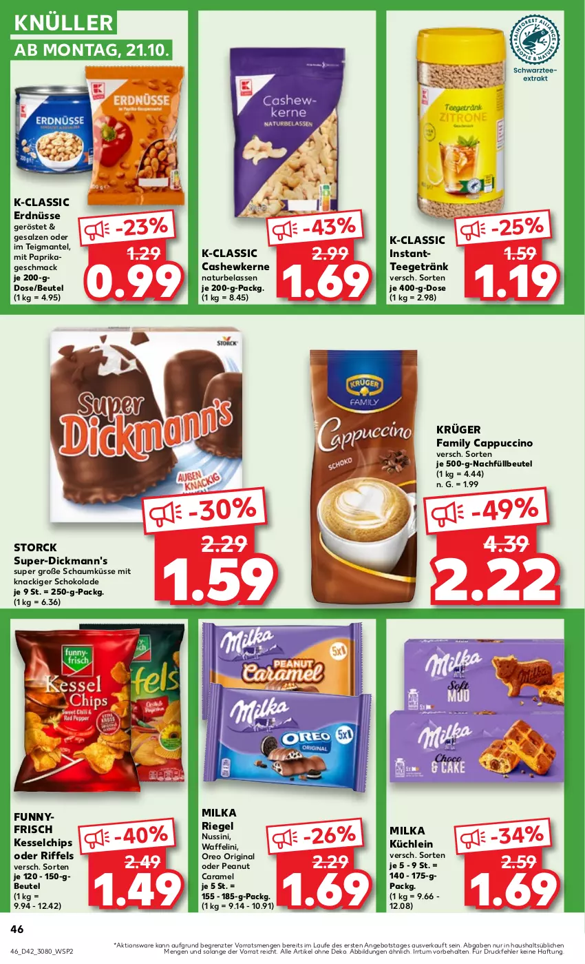 Aktueller Prospekt Kaufland - Prospekt - von 17.10 bis 23.10.2024 - strona 46 - produkty: angebot, beutel, Cap, cappuccino, caramel, Cashew, cashewkerne, chips, cin, Dickmann's, erdnüsse, getränk, gin, Instanttee, krüger, mac, Mantel, milka, mit paprika, natur, nuss, oreo, paprika, riegel, salz, schoko, schokolade, storck, tee, Ti, ZTE