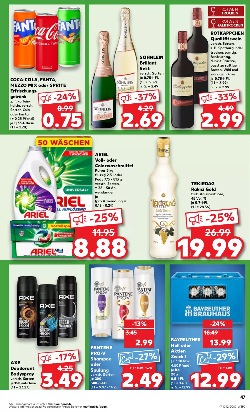 Aktueller Prospekt Kaufland - Prospekt - von 17.10 bis 23.10.2024 - strona 47 - produkty: angebot, angebote, ariel, axe, body, bodyspray, braten, brillant sekt, burgunder, coca-cola, cola, colorwaschmittel, deo, deodorant, erfrischungsgetränk, fanta, frucht, früchte, getränk, Käse, Mezzo Mix, oder sprite, pantene, pantene pro-v, Pods, pro-v, qualitätswein, rotkäppchen, rotwein, saft, sekt, shampoo, shampoo oder spülung, söhnlein, söhnlein brillant, spätburgunder, sprite, spülung, Ti, waschmittel, wein, WICK, Wild