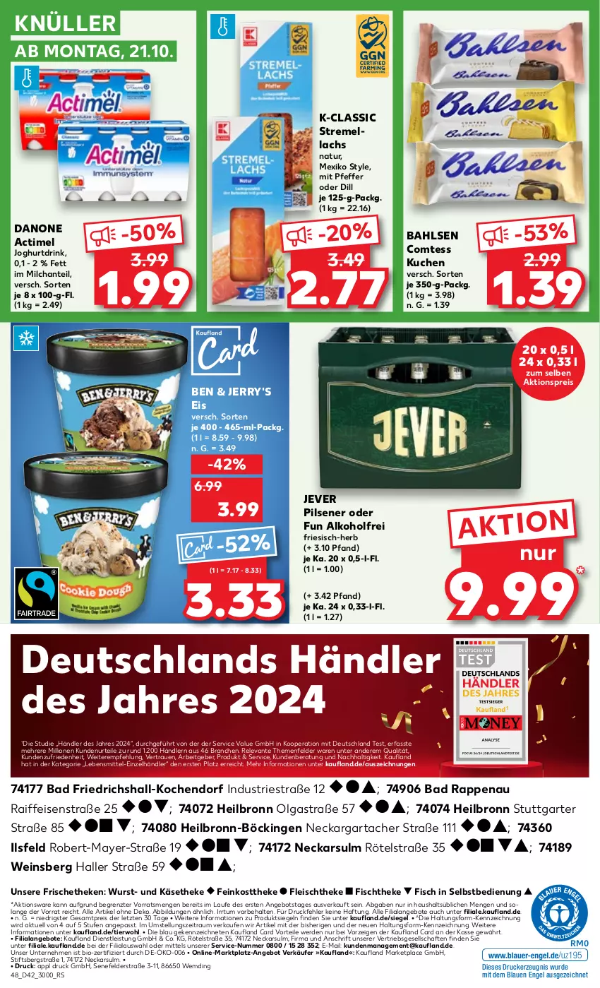 Aktueller Prospekt Kaufland - Prospekt - von 17.10 bis 23.10.2024 - strona 48 - produkty: actimel, aktionspreis, alkohol, angebot, angebote, Astra, Bad, bahlsen, bio, comtess, comtess kuchen, danone, drink, drucker, eis, Engel, erde, feinkost, feinkosttheke, fisch, fischtheke, fleisch, jever, jever pilsener, joghur, joghurt, Joghurtdrink, Käse, käsetheke, kerze, kuchen, lachs, lebensmittel, LG, lion, milch, natur, pfeffer, pils, pilsener, reis, rel, Ti, wein, wurst, ZTE