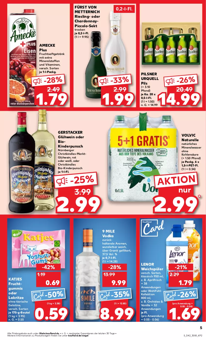 Aktueller Prospekt Kaufland - Prospekt - von 17.10 bis 23.10.2024 - strona 5 - produkty: Alwa, amecke, angebot, angebote, Berger, beutel, bio, chardonnay, eis, elle, frucht, fruchtgummi, fruchtgummis, fruchtsaft, fruchtsaftgetränk, fürst von metternich, gelatine, getränk, Glühwein, katjes, Kinder, Kindle, Lakritz, lenor, lenor weichspüler, Mett, metternich, mineralwasser, natur, natürliches mineralwasser, nürnberger, oder lakritz, orchidee, pils, pilsner, pilsner urquell, pril, reis, rel, riesling, saft, sekt, Ti, vanille, vita, Vitamine, vodka, volvic, wasser, weichspüler, wein, ZTE