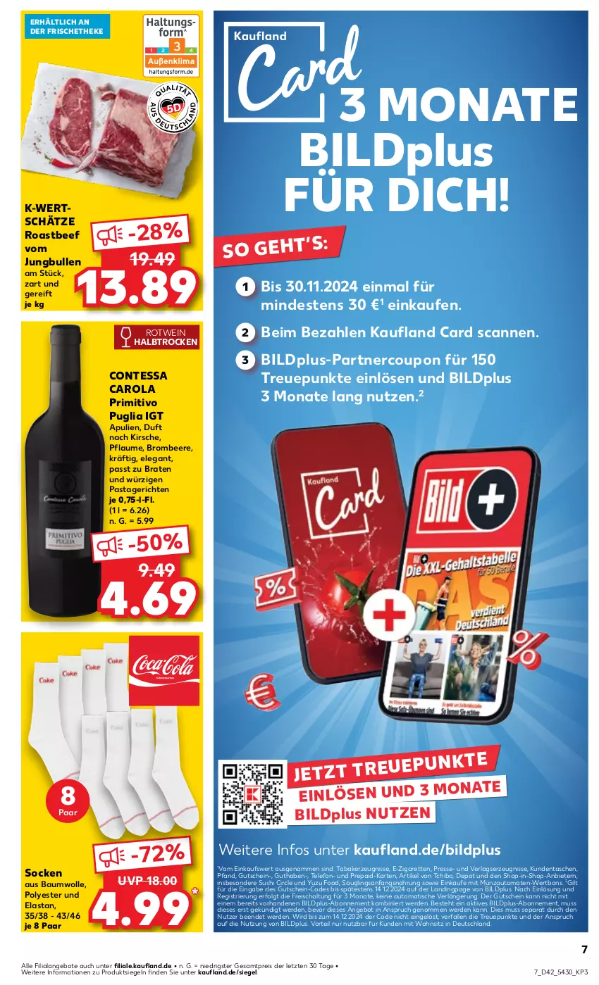 Aktueller Prospekt Kaufland - Prospekt - von 17.10 bis 23.10.2024 - strona 7 - produkty: angebot, angebote, auto, Bau, baumwolle, beef, beere, braten, brombeere, coupon, eis, erde, gutschein, jungbullen, kerze, kirsch, kirsche, LG, pasta, Pastagericht, pflaume, primitivo, reis, roastbeef, rotwein, Schal, socken, Sushi, Tasche, taschen, Tchibo, telefon, Ti, tisch, tomate, tomaten, wein, wolle, ZTE