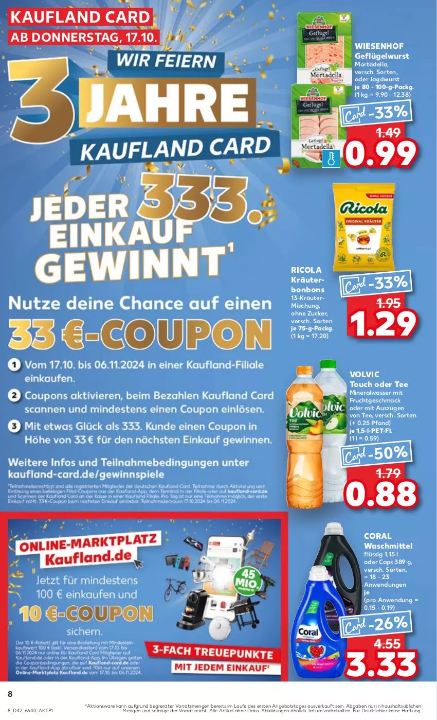 Aktueller Prospekt Kaufland - Prospekt - von 17.10 bis 23.10.2024 - strona 8 - produkty: Alwa, angebot, bonbons, Cap, cola, Coral, dell, frucht, Geflügel, jagdwurst, kräuter, Kräutermischung, mac, mineralwasser, mit frucht, mortadella, Ricola, tee, Ti, volvic, waschmittel, wasser, wiesenhof, wurst, ZTE, zucker