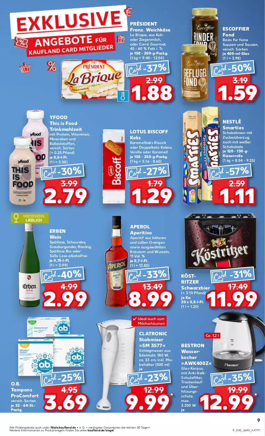 Aktueller Prospekt Kaufland - Prospekt - von 17.10 bis 23.10.2024 - strona 9 - produkty: alkohol, angebot, angebote, aperitif, aperol, ball, Behälter, bier, bio, biscoff, burgunder, edelstahl, eis, grauburgunder, Heu, kakao, karamell, Käse, keks, Kocher, köstritzer, kräuter, kräutern, linsen, messer, milch, Mixer, nestlé, O.b., orange, orangen, procomfort, reis, riesling, sauce, saucen, schoko, schokolade, Schokolinsen, smarties, stabmixer, suppe, suppen, Tampon, tampons, Ti, überhitzungsschutz, vanille, vita, Vitamine, wasser, wasserkocher, weichkäse, wein, ZTE, zucker