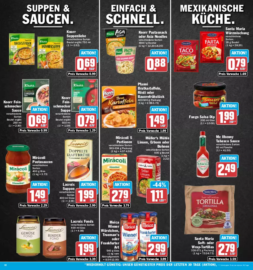 Aktueller Prospekt Aez - Prospekte - von 31.07 bis 05.08.2023 - strona 10 - produkty: auer, Bau, Bauer, Becher, beutel, bohne, bohnen, dip, eis, erbsen, feinschmecker, flasche, frankfurter, kartoffel, kartoffeln, knorr, knorr pasta, linsen, meica, Mirácoli, Müller, pasta, pfanni, reis, Ria, Salsa, sauce, saucen, snack, suppe, suppen, suppenliebe, tabasco, Ti, tortilla, tortillas, wiener, wiener würstchen, wrap, würstchen, ZTE